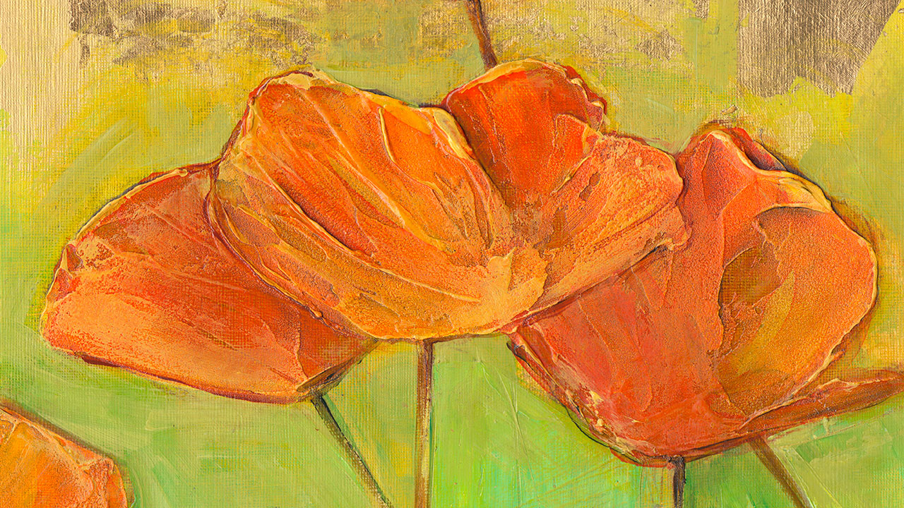 Heavily textured acrylic painting of orange poppies on chartreuse background with gold leave.