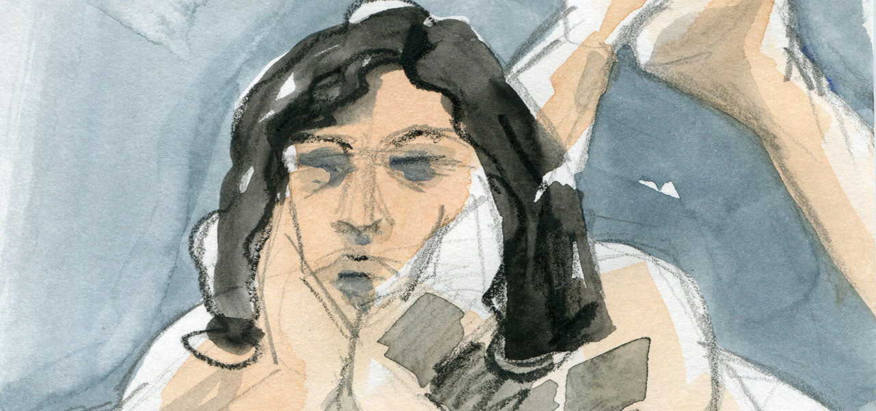 Mixed media painting using pencil, charcoal and watercolor of a woman with black hair lying on her belly with her face in her hands and knees bent.