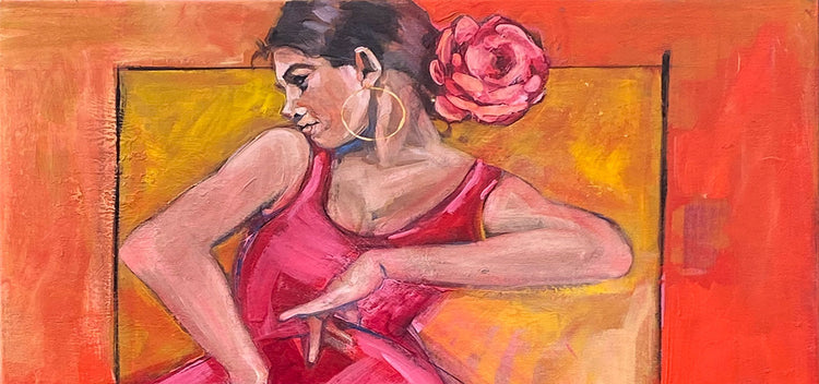 Acrylic painting of flamenco dancer in hot pink dress with a rose in her hair and gold hoop earrings.