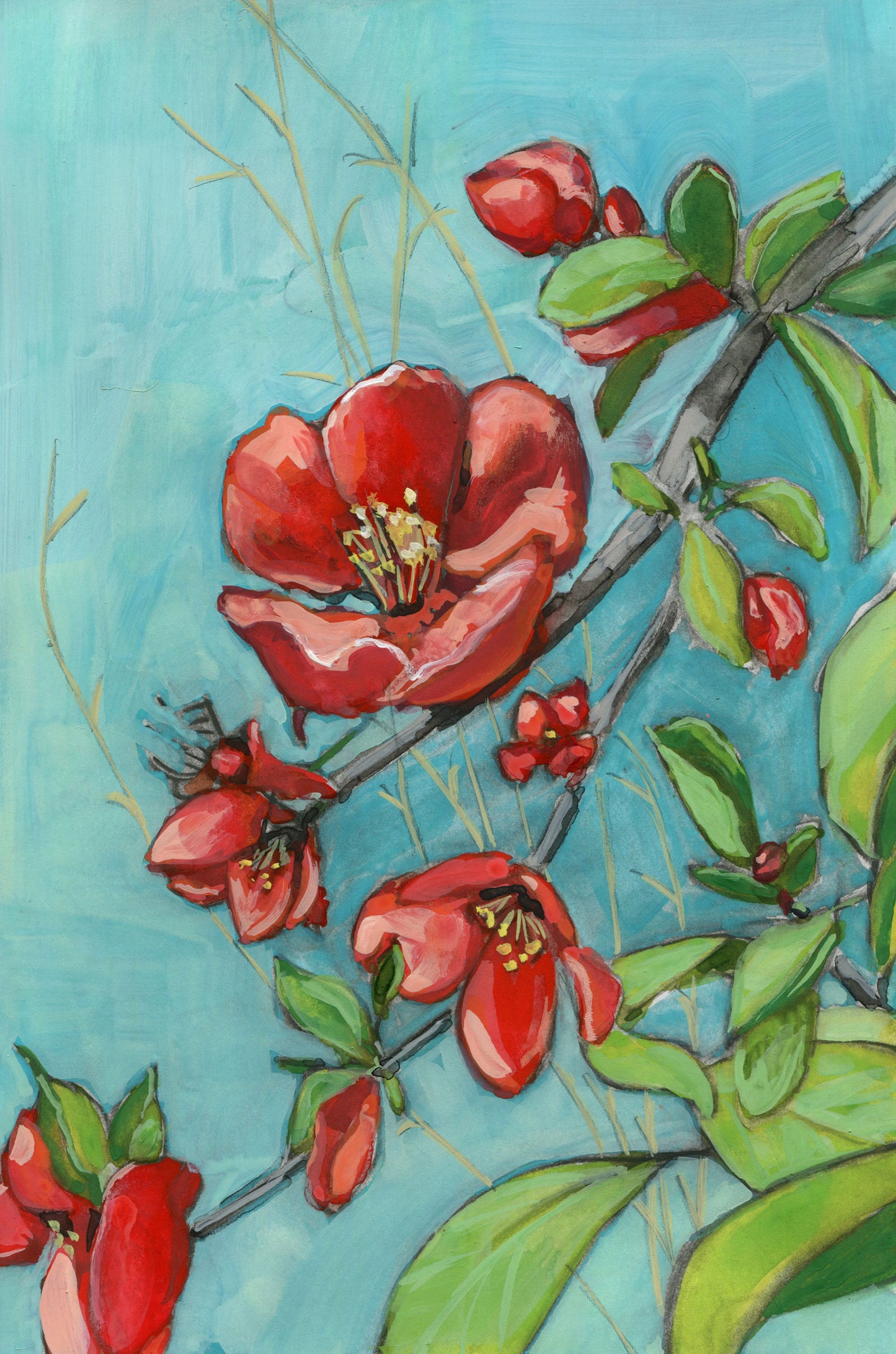 Watercolor and gouache painting of vibrant red flowers and green leaves on branches against a soft blue background, conveying a fresh, lively feel.