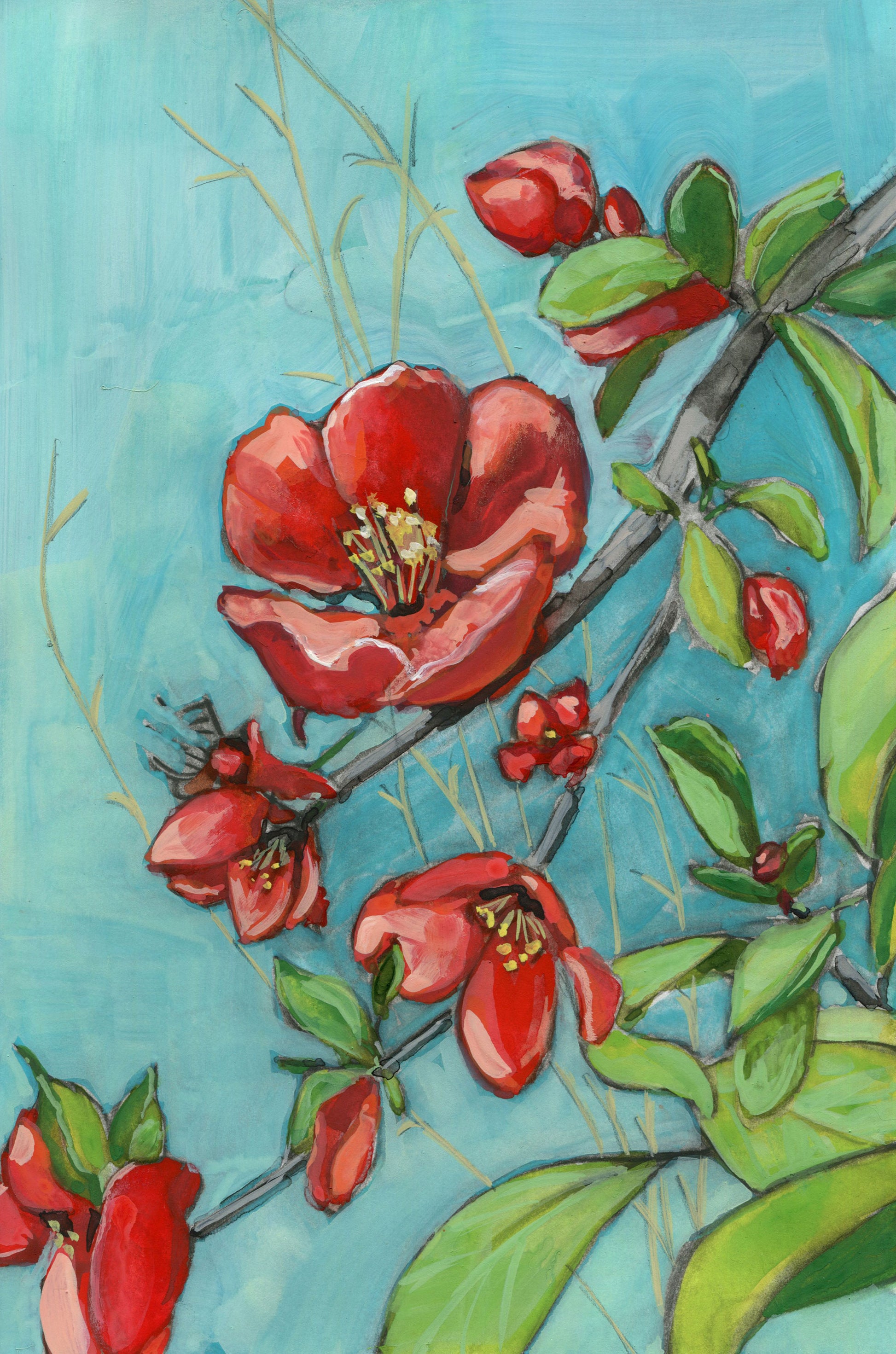 Watercolor and gouache painting of vibrant red flowers and green leaves on branches against a soft blue background, conveying a fresh, lively feel.