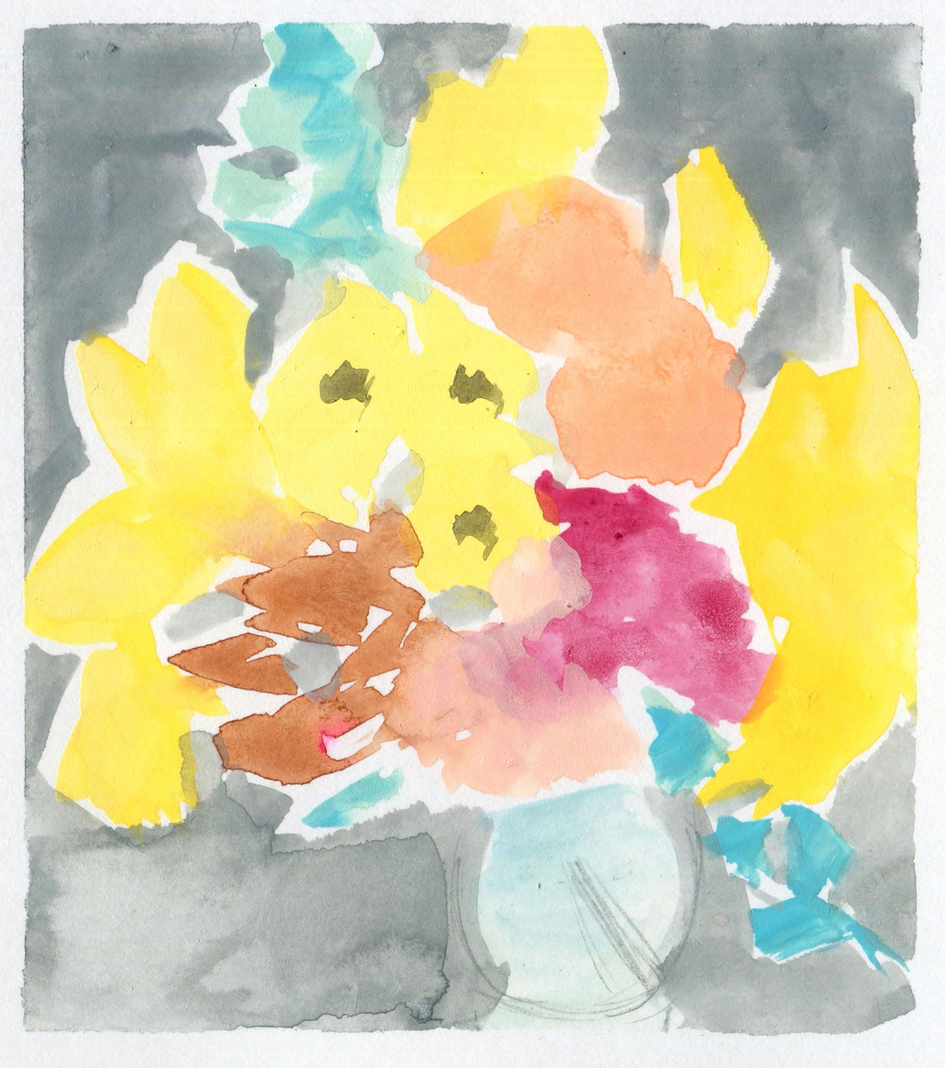 Loose abstract floral watercolor with yellow, teal, orange, and magenta blooms against soft gray background