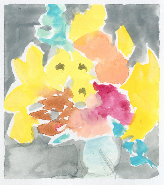 Loose abstract floral watercolor with yellow, teal, orange, and magenta blooms against soft gray background