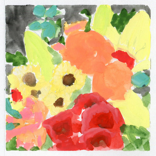 Bright abstract bouquet with yellow sunflowers, red roses, orange blooms, and green leaves in watercolor