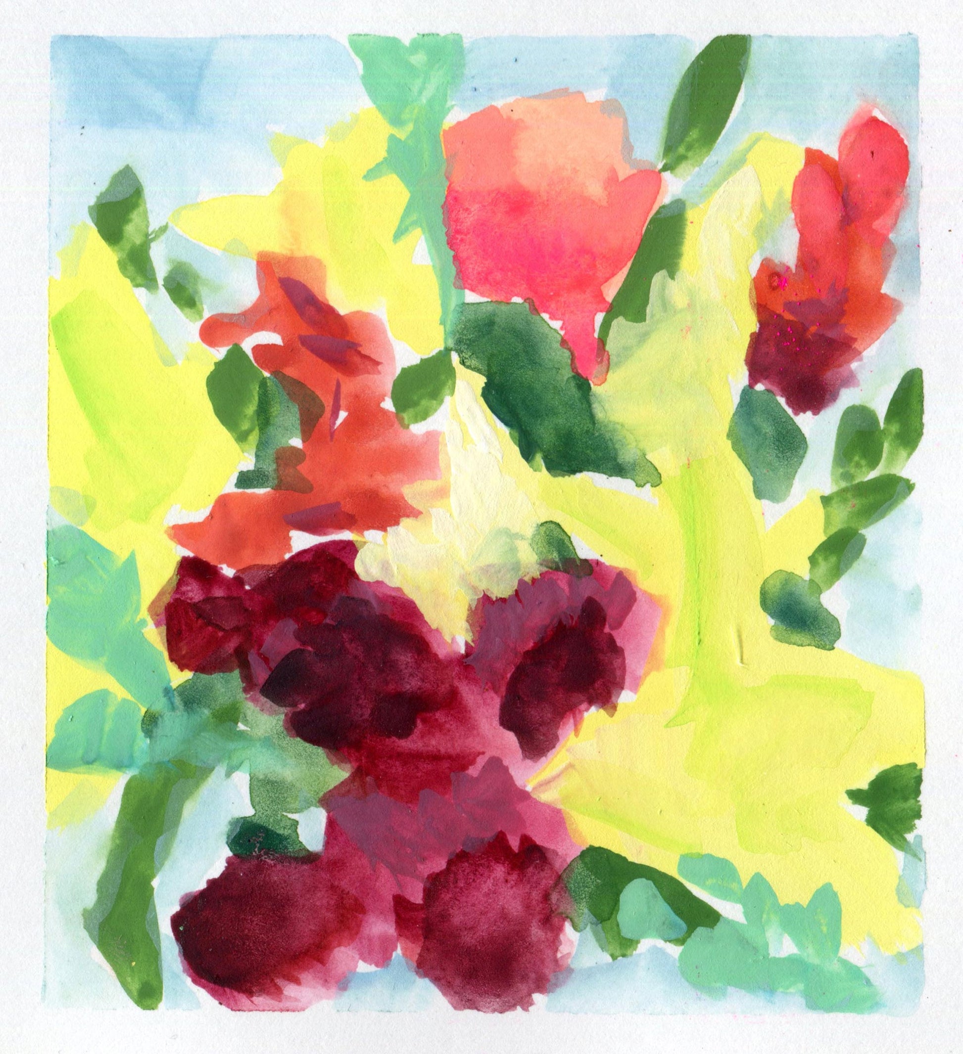 Loose watercolor bouquet with crimson, coral, and peach flowers, pale yellow accents, and green foliage