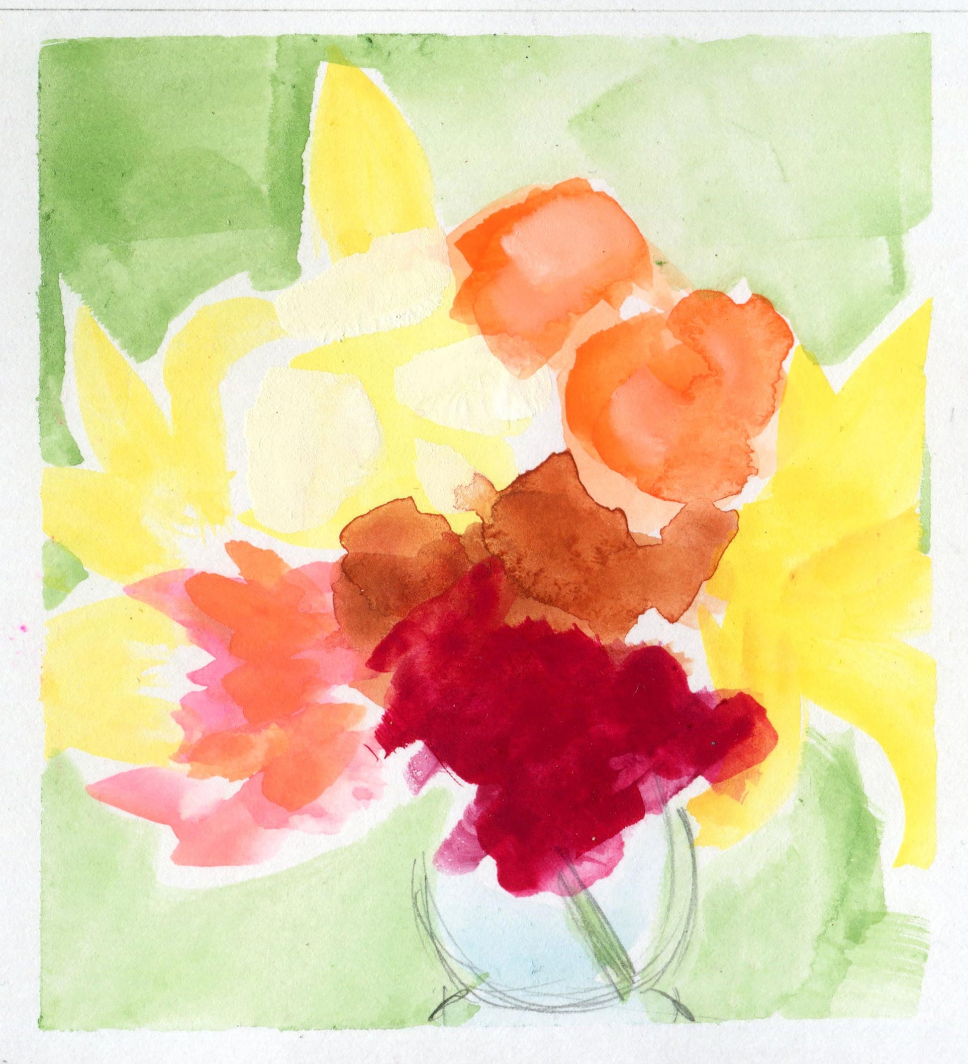 Abstract watercolor bouquet with red and orange flowers, yellow petals, and green background