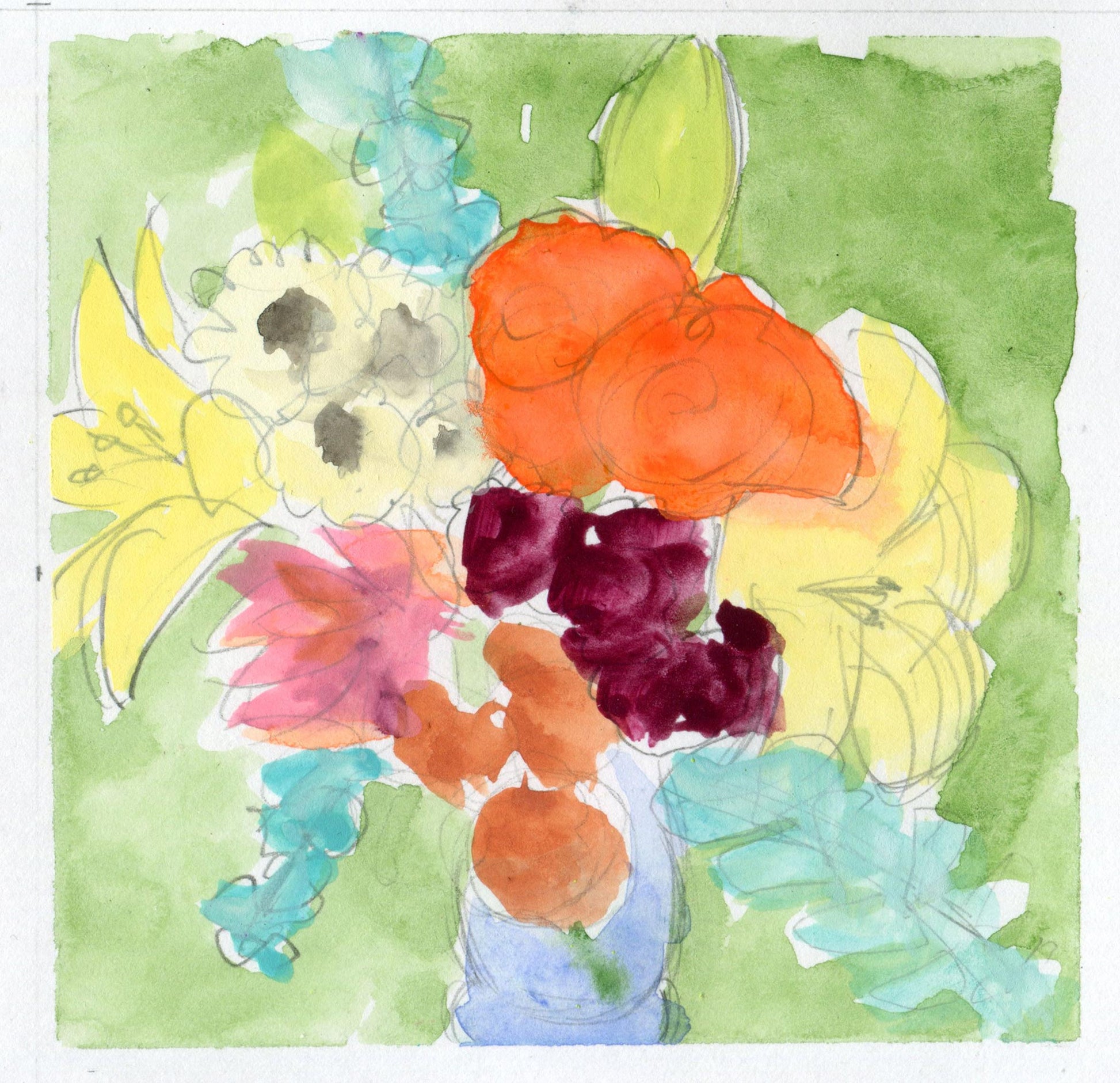 Colorful bouquet sketch with orange, purple, and aqua flowers outlined in pencil against a green background