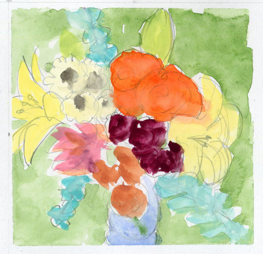 Colorful bouquet sketch with orange, purple, and aqua flowers outlined in pencil against a green background