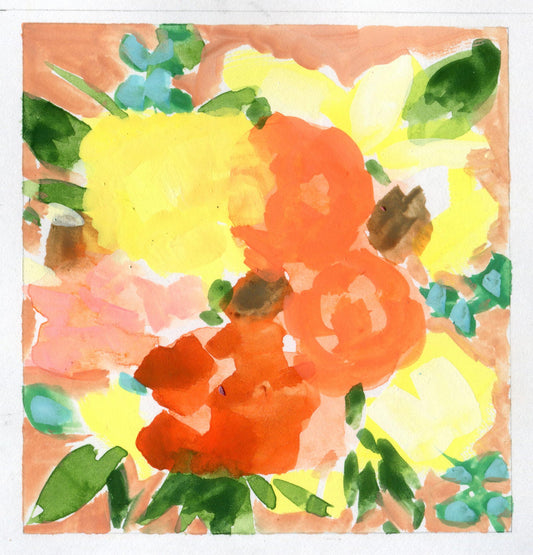 Loose floral watercolor sketch with yellow and orange blooms over a warm sienna background