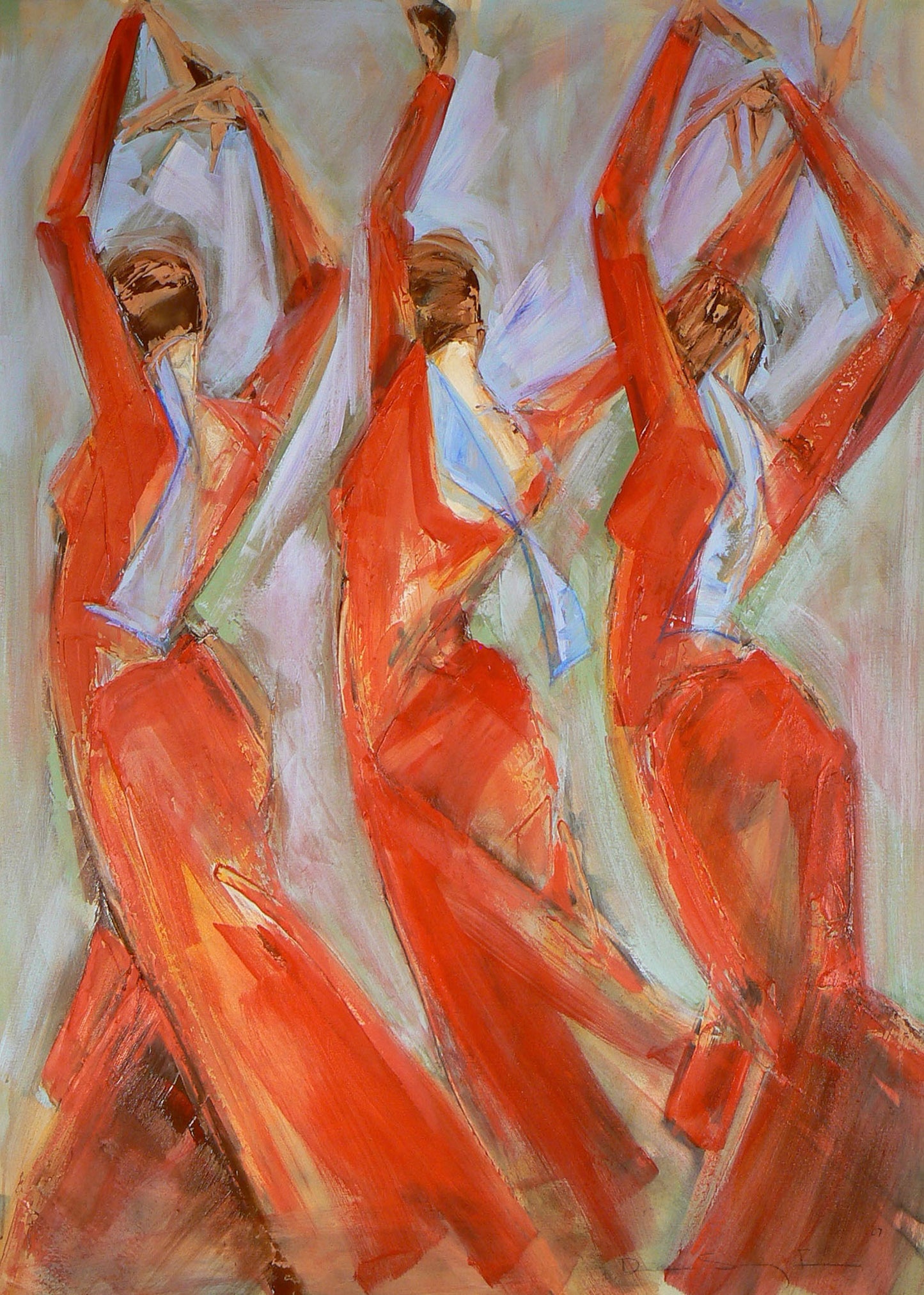 Artistic depiction of three flamenco dancers in red dresses with raised arms on a light background