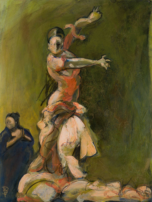 Original acrylic painting depicting a flamenco dancer in motion, with a singer in the background. The painting is vibrant with a focus on the dancer, who is wearing a red and orange dress.