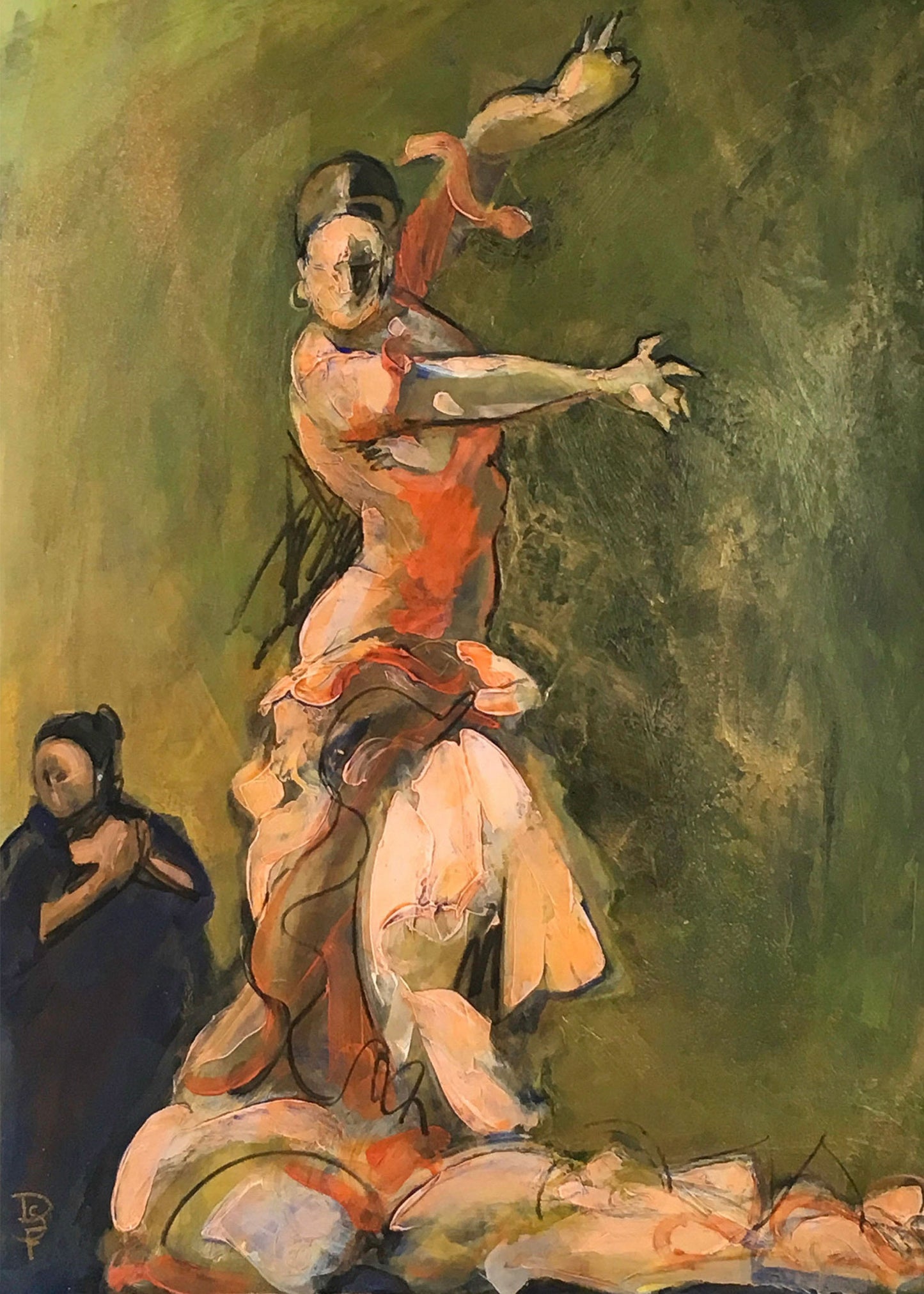 Artistic paintings of a flamenco dancer in an orange dress with a green background