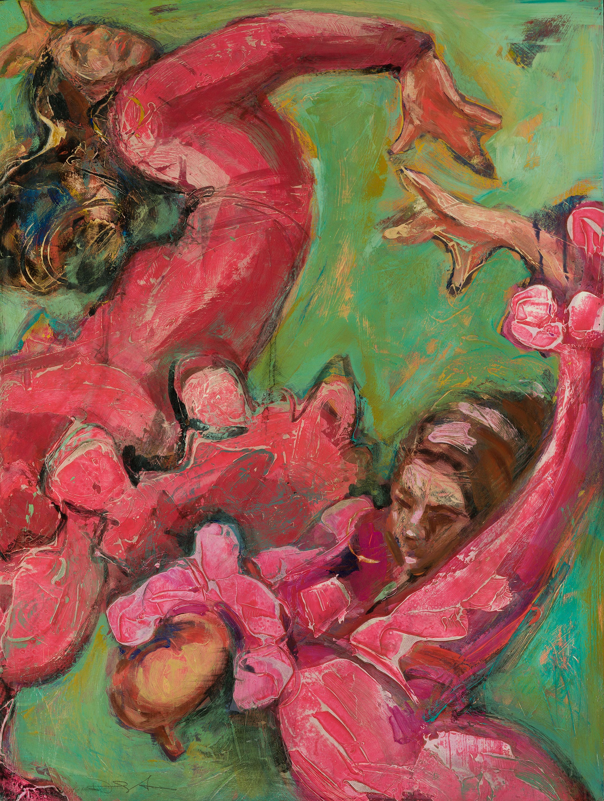 Acrylic textured painting featuring two flamenco dancers in vibrant movement on a sea blue and teal background. The dancers are depicted with strong arm movements and erect postures, each wearing ruffled hot pink and red dresses.