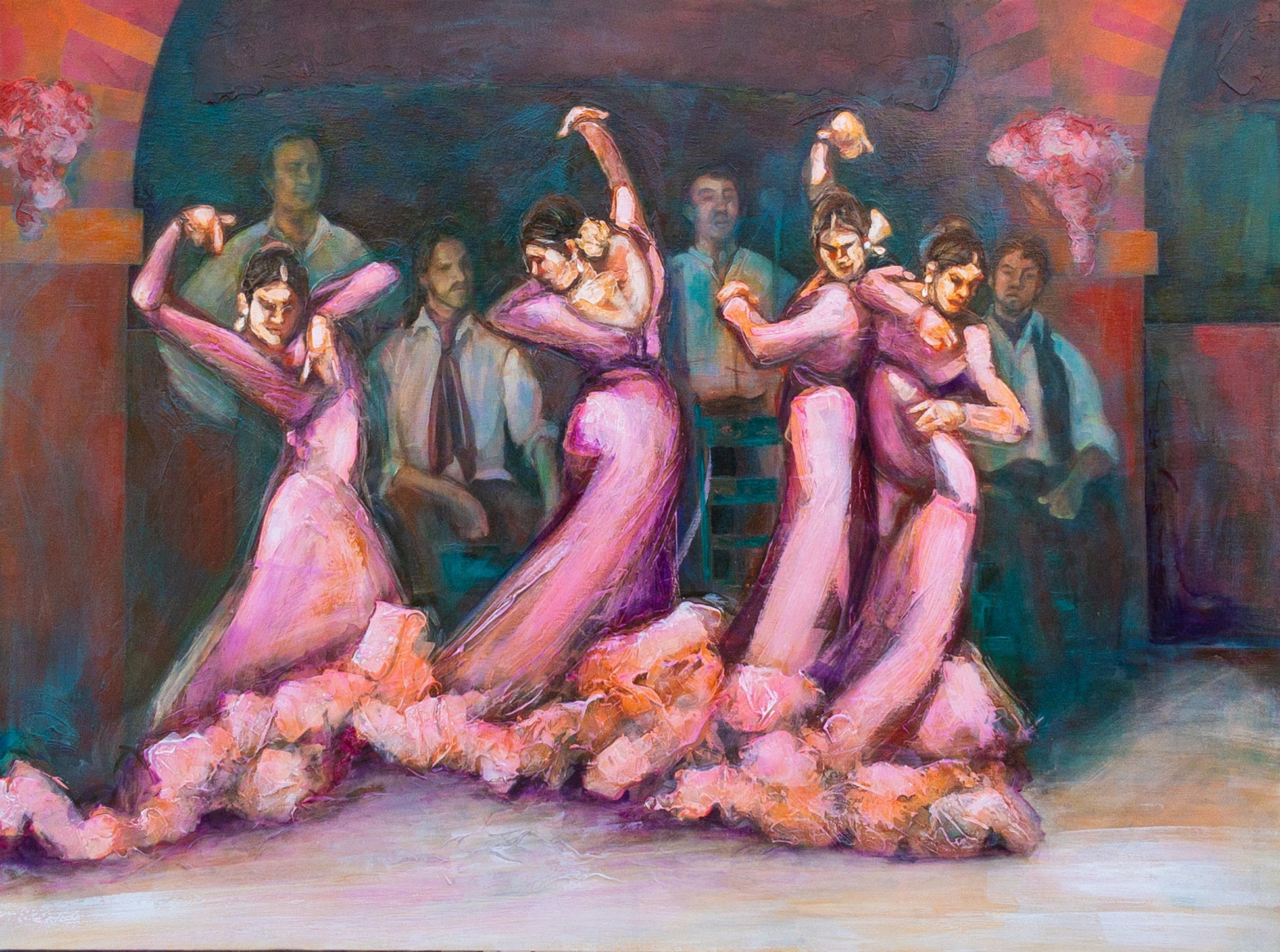 A vibrant acrylic painting depicting a group of dancers in pink dresses with flowing skirts, performing Flamenco dance, with musicians in the background.