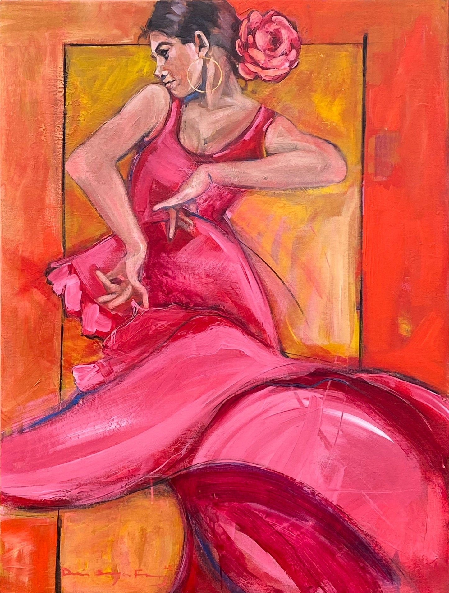 Acrylic painting of a flamenco dancer in motion, with her arms in a graceful yet powerful movement. She is dressed in a pink and red ruffled dress that is flowing in different directions. The dancer has a pink flower in her hair and large gold hoop earrings. The background is in hot colors of orange and yellows.