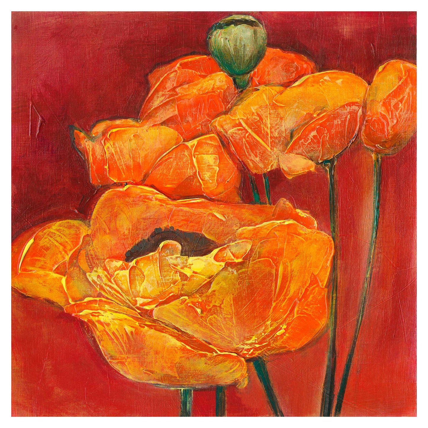 Archival giclee print of three large orange poppies with textured petals and dark centers against a deep red background with 1-inch white border, 36x36 inch image size