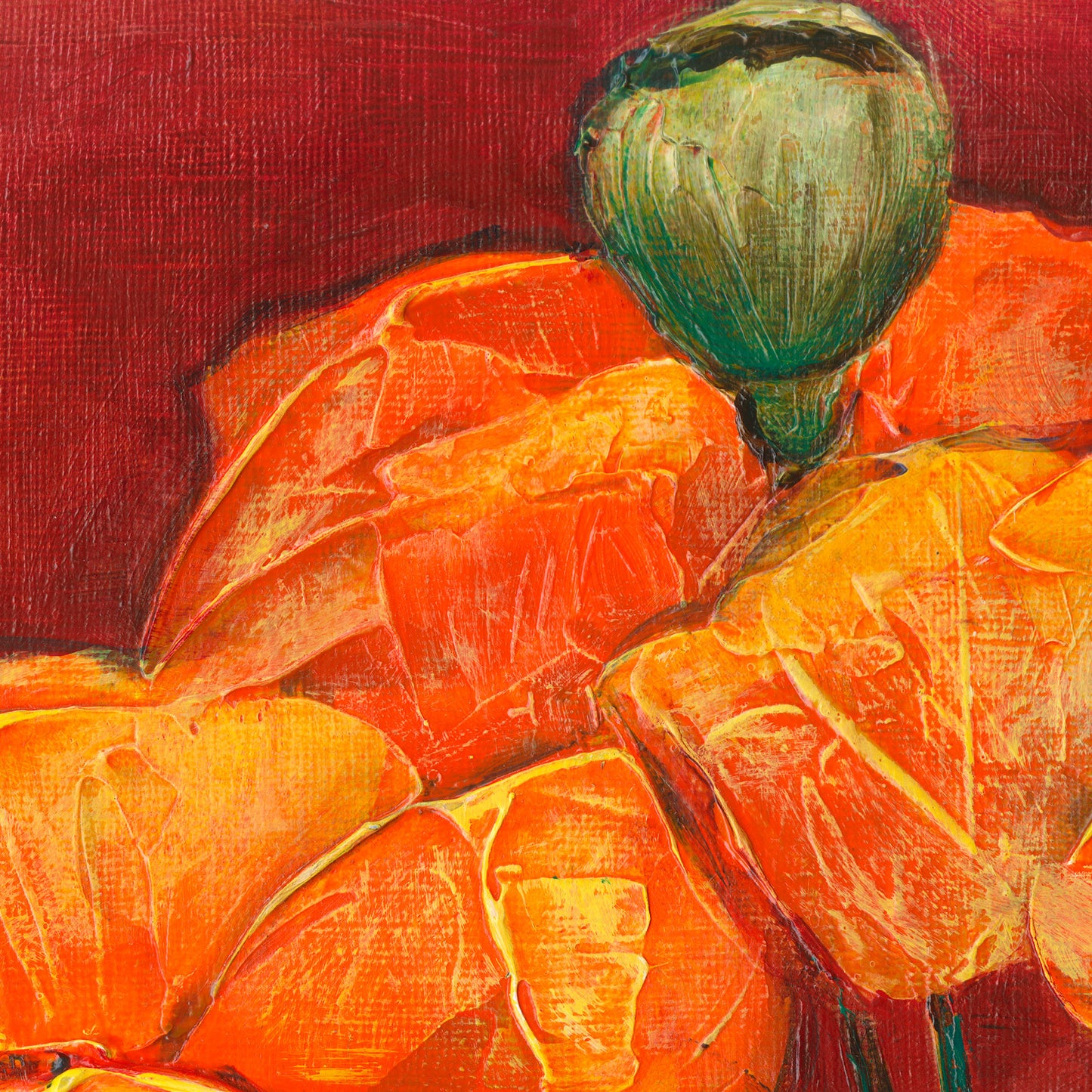 Detail of a print of textural painting in acrylic of orange poppies on a red background with green poppy pod and stems