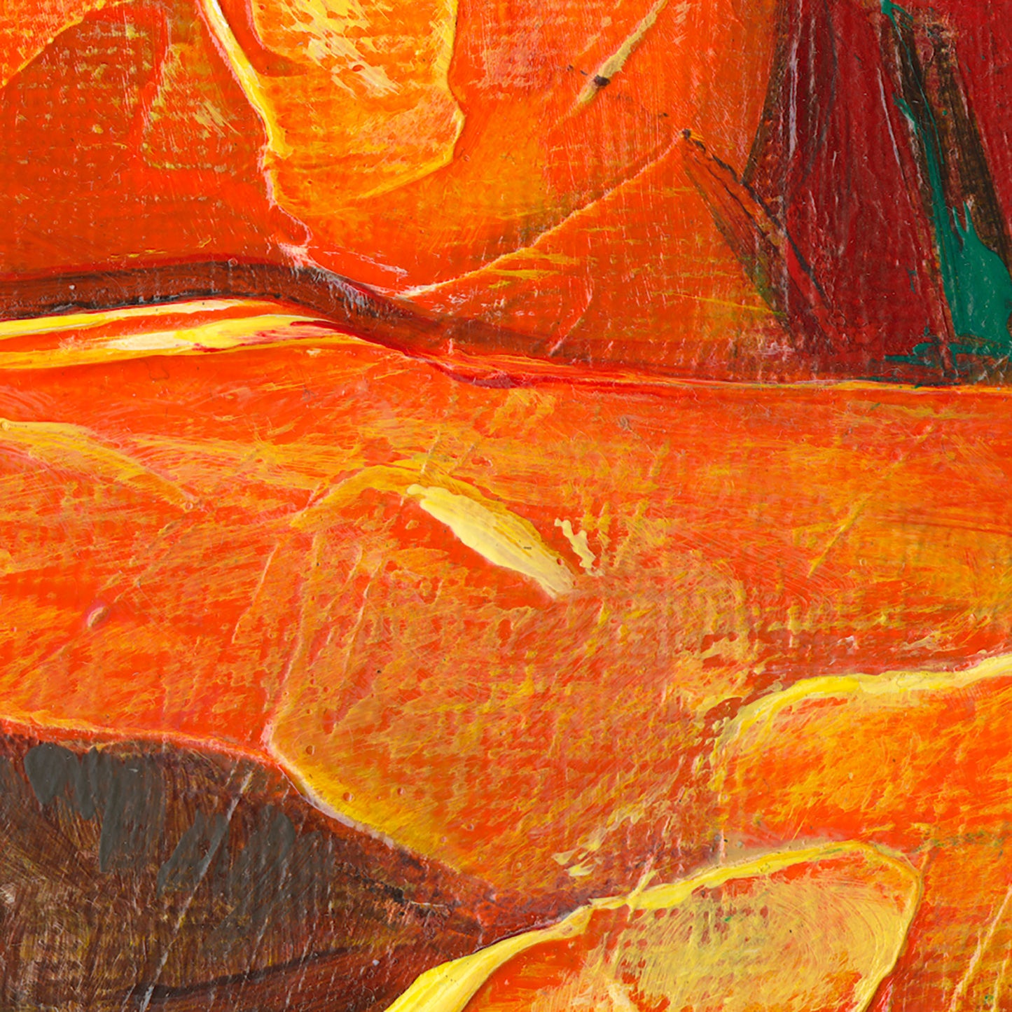 Zoomed detail of a print of textural painting in acrylic of orange poppies on a red background with green poppy pod and stems