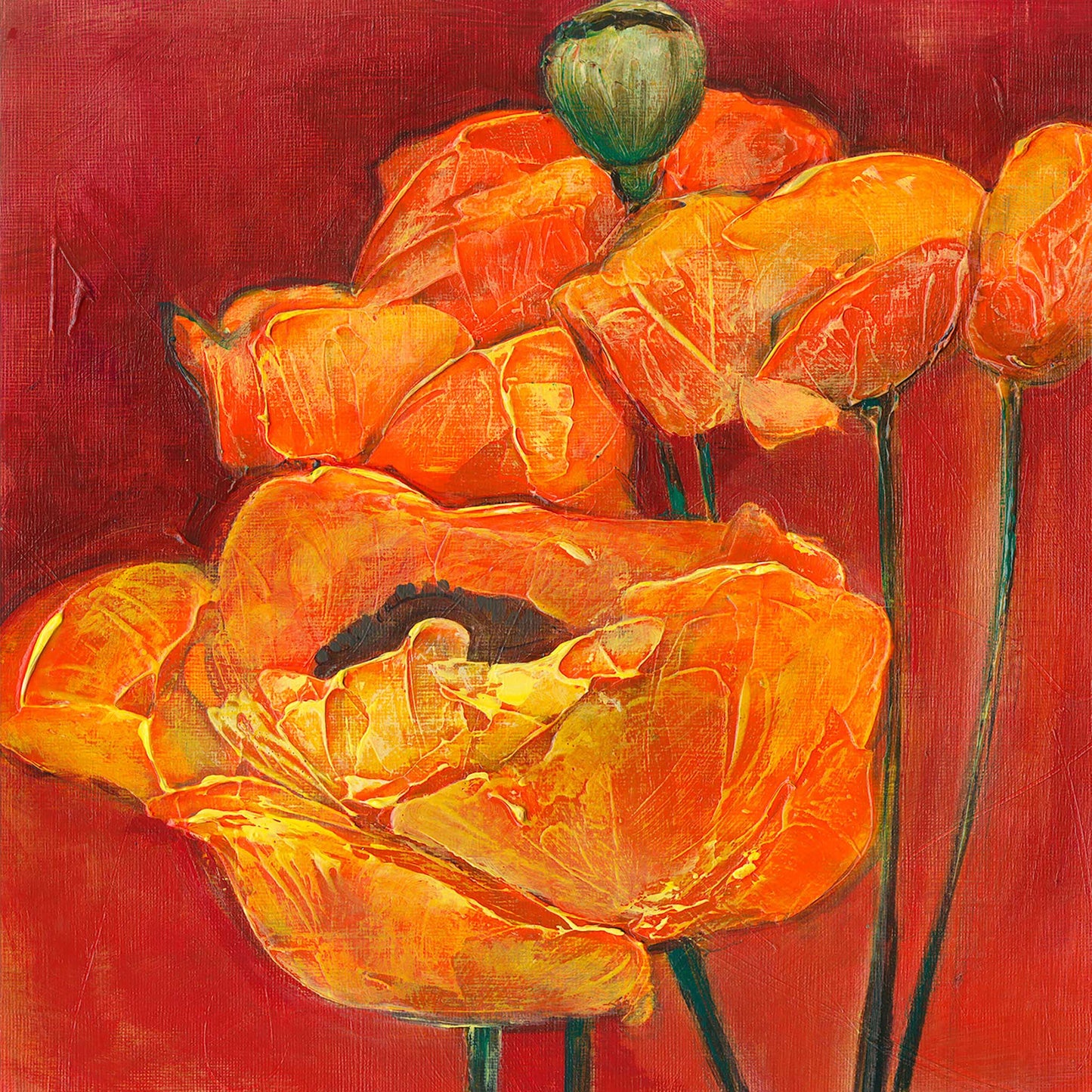 Oil painting of orange poppy flowers on a red background