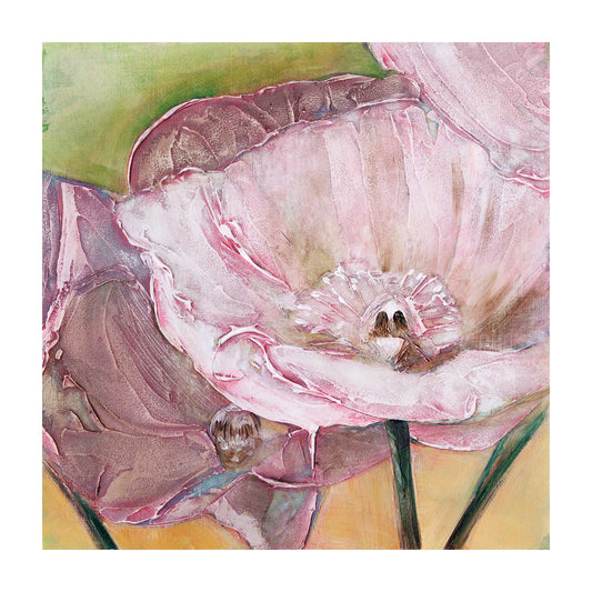 Archival giclee print of large soft pink poppy bloom with ruffled petals and detailed stamen center against a warm green and gold background with 1-inch white border, 12x12 inch image size