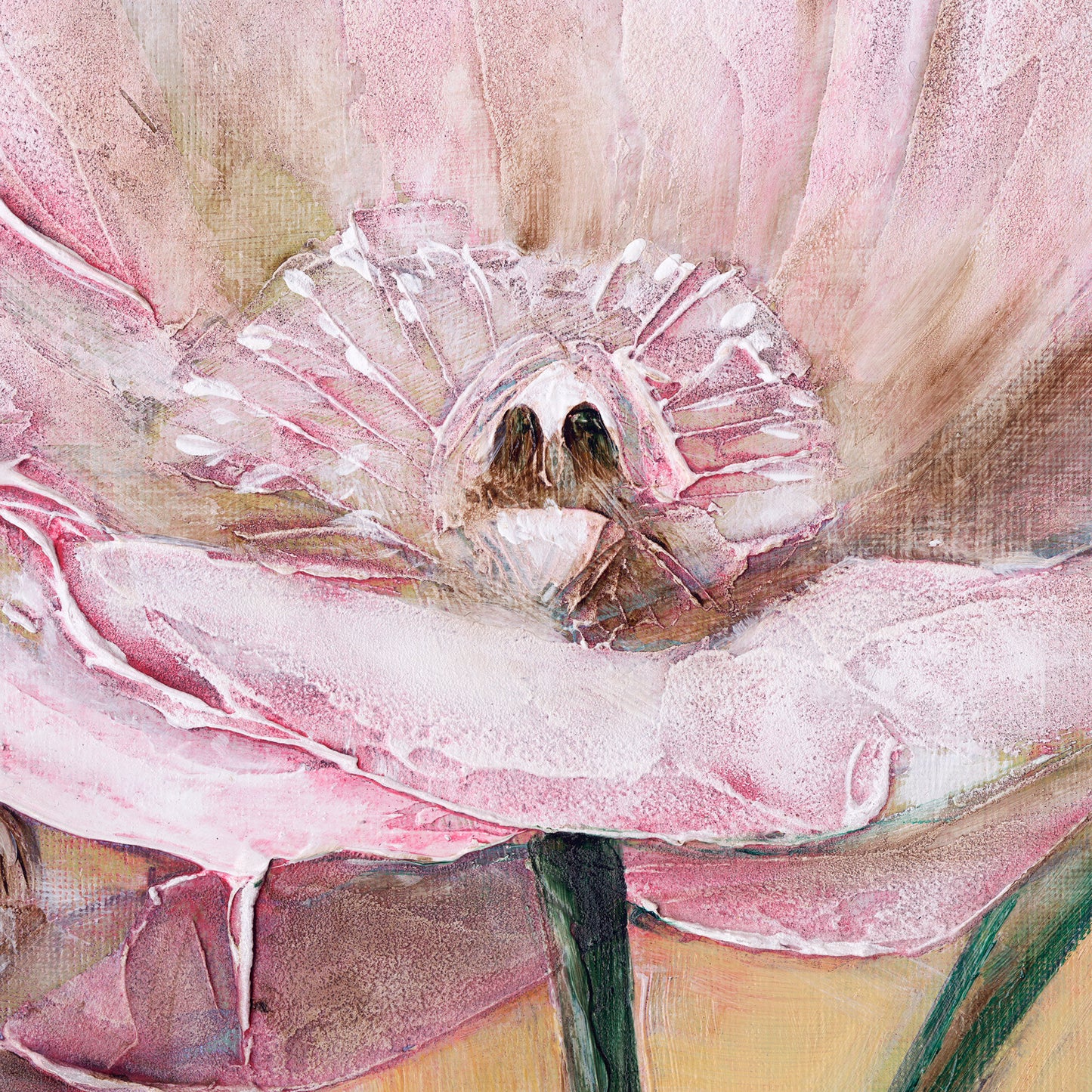 Detail of a print showing a textured acrylic painting of pink poppies on a light green and yellow background with dark green stems