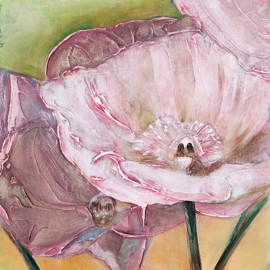 Acrylic painting featuring a close-up of dark and light pink poppies with details of centers on a light green and yellow background, with dark green stems.