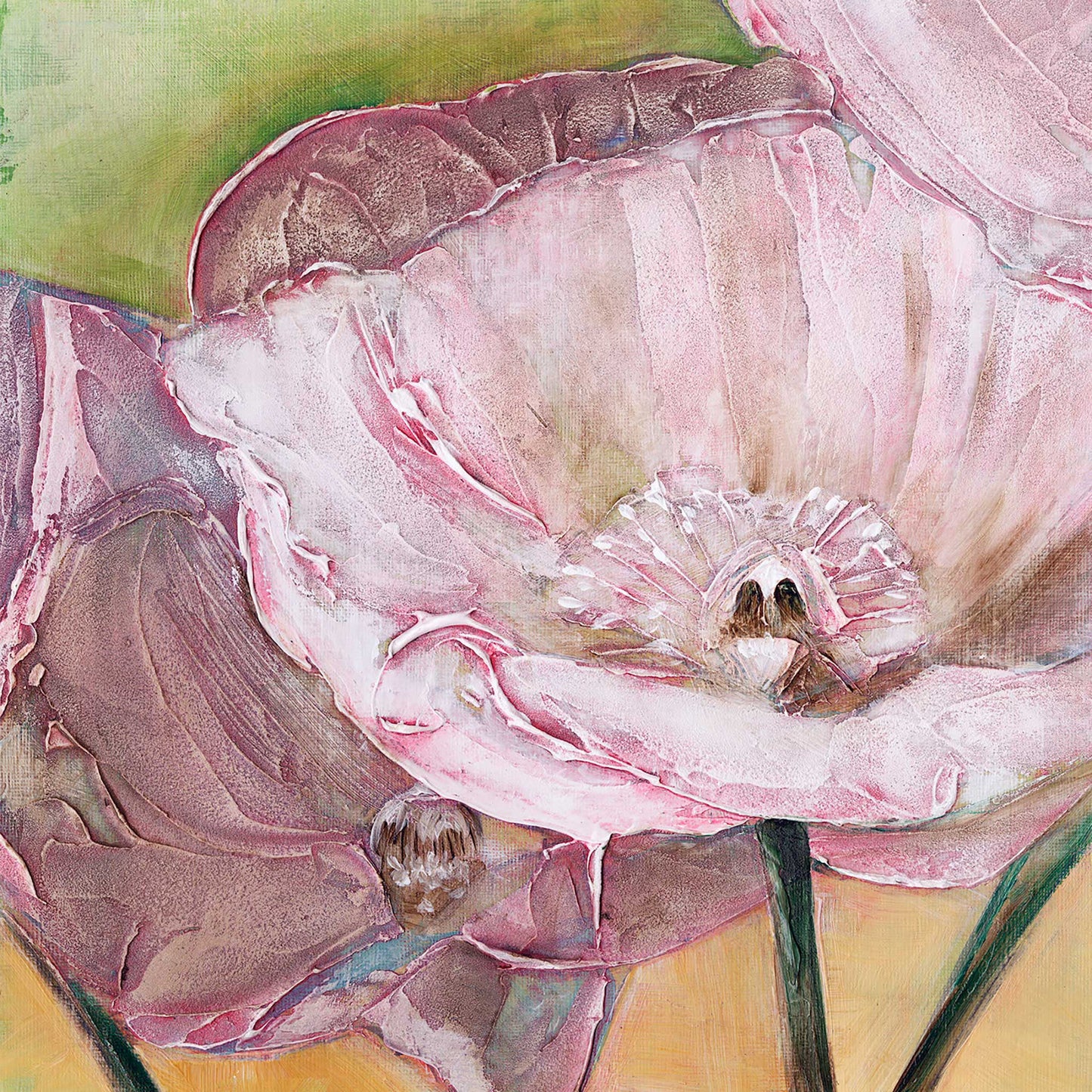 Artistic depiction of a pink poppy flower with a soft, textured background