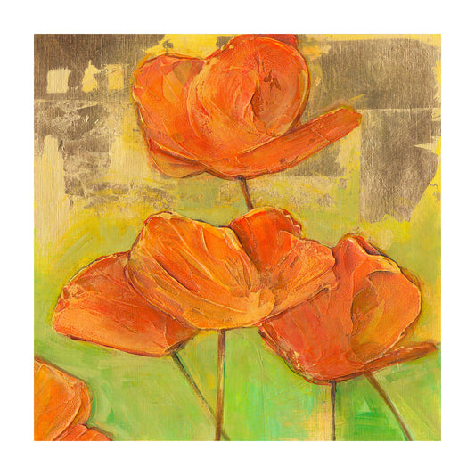 Archival giclee print of three orange California poppies with textured petals against a layered yellow-green and grey geometric background with 1-inch white border, 12x12 inch image size