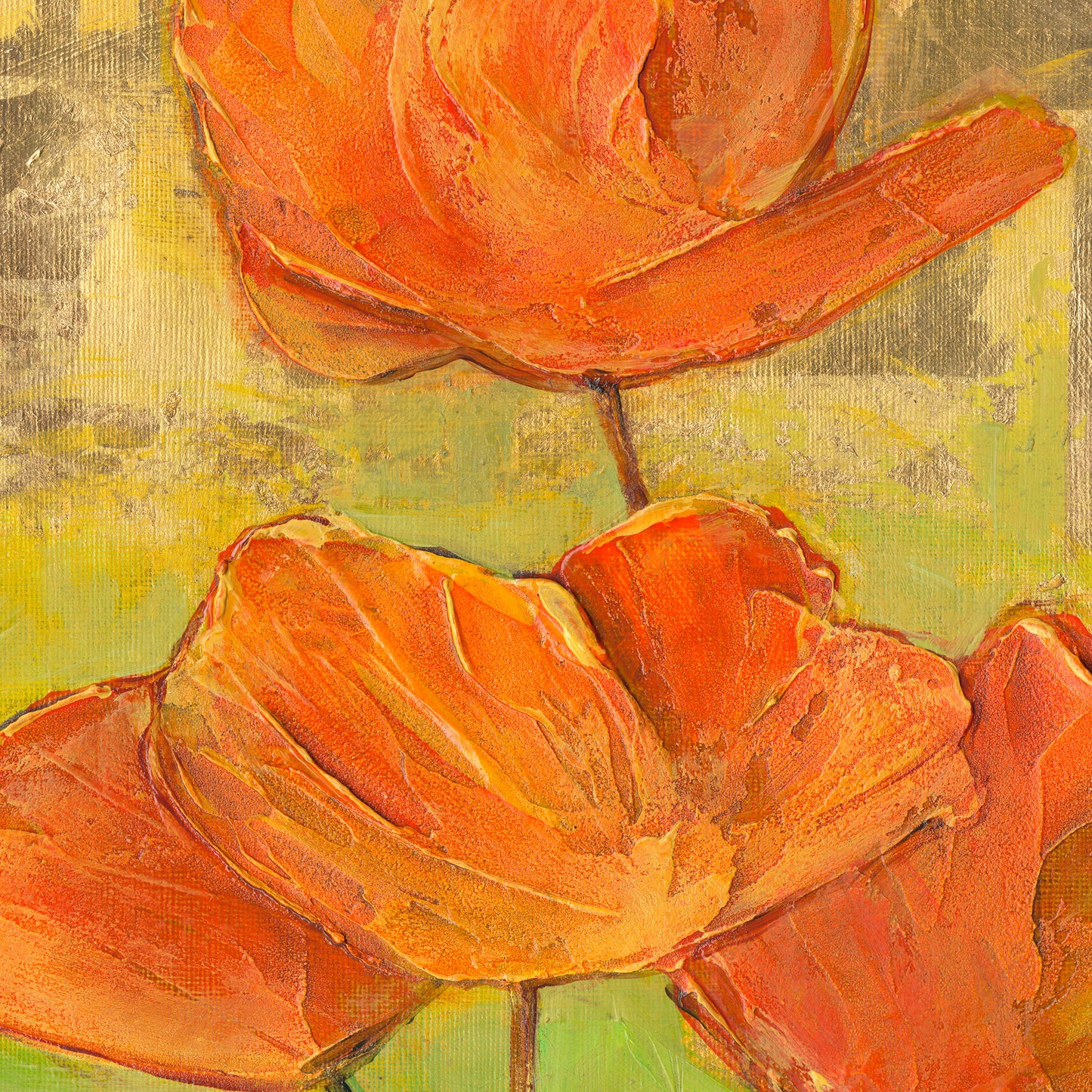 Detail of print of acrylic painting with texture of orange poppies on a light green and gold background