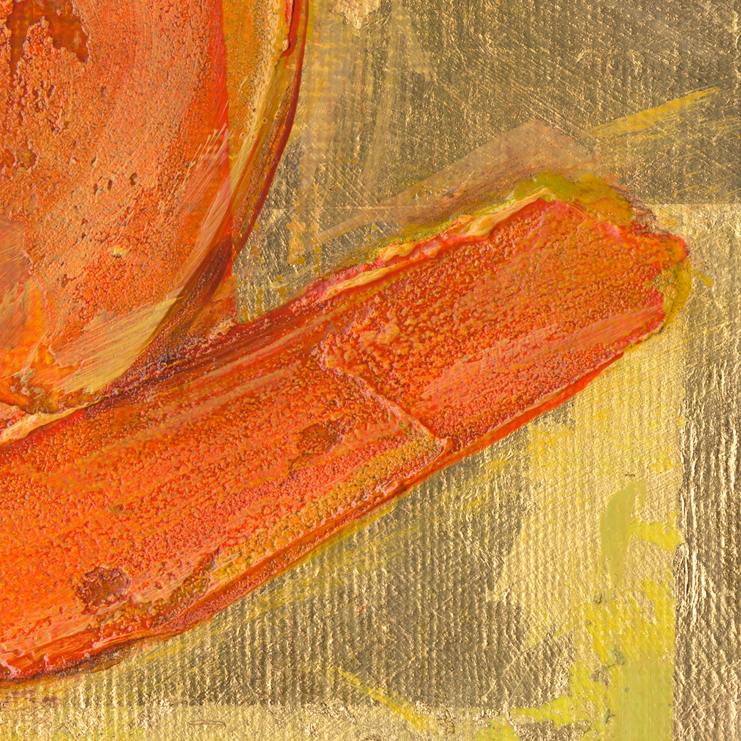 Zoomed detail of a square acrylic painting with texture of orange poppies on a light green and gold background.