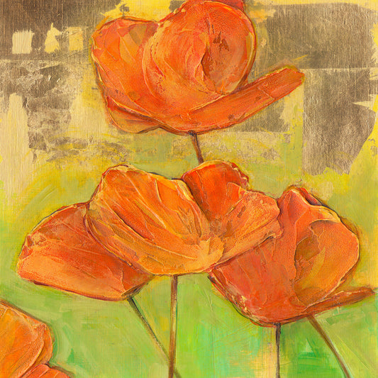 A square acrylic painting with texture of orange poppies on a light green and gold background