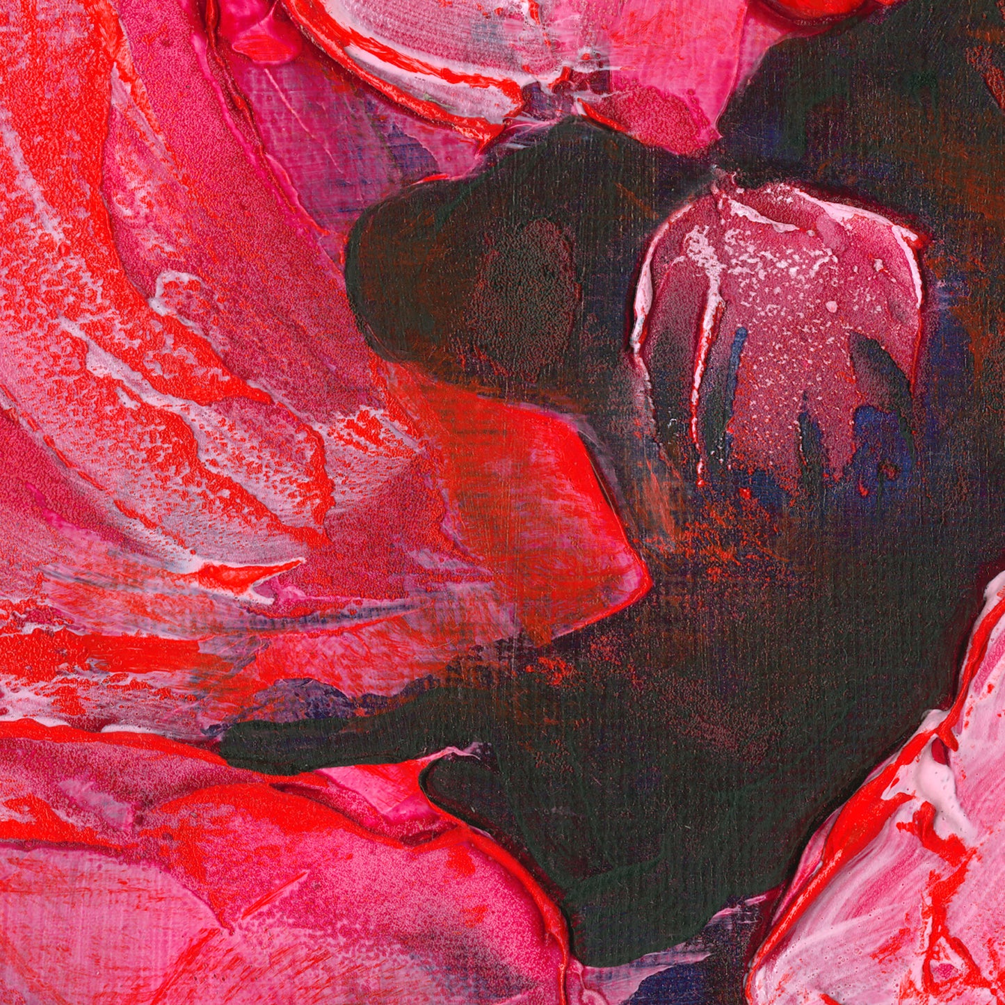 Zoomed detail of a square print of a painting in textural paint of red poppies on a dark midnight blue background with green foliage.