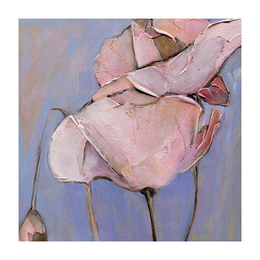 Archival giclee print of two soft pink poppies with textured petals against a periwinkle lavender background with a small seed pod at lower left with 1-inch white border, 12x12 inch image size