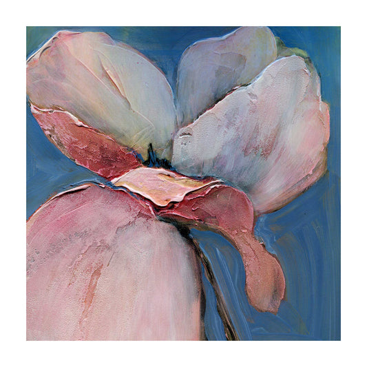 Archival giclee print of single large white and pink poppy with open petals against a soft blue background with 1-inch white border, 12x12 inch image size