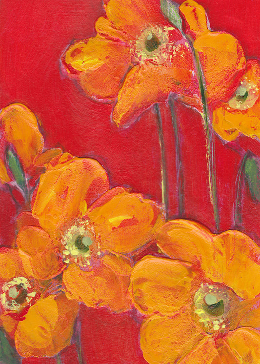 Bright Orange On Red Poppies - 5x7 Folded Card