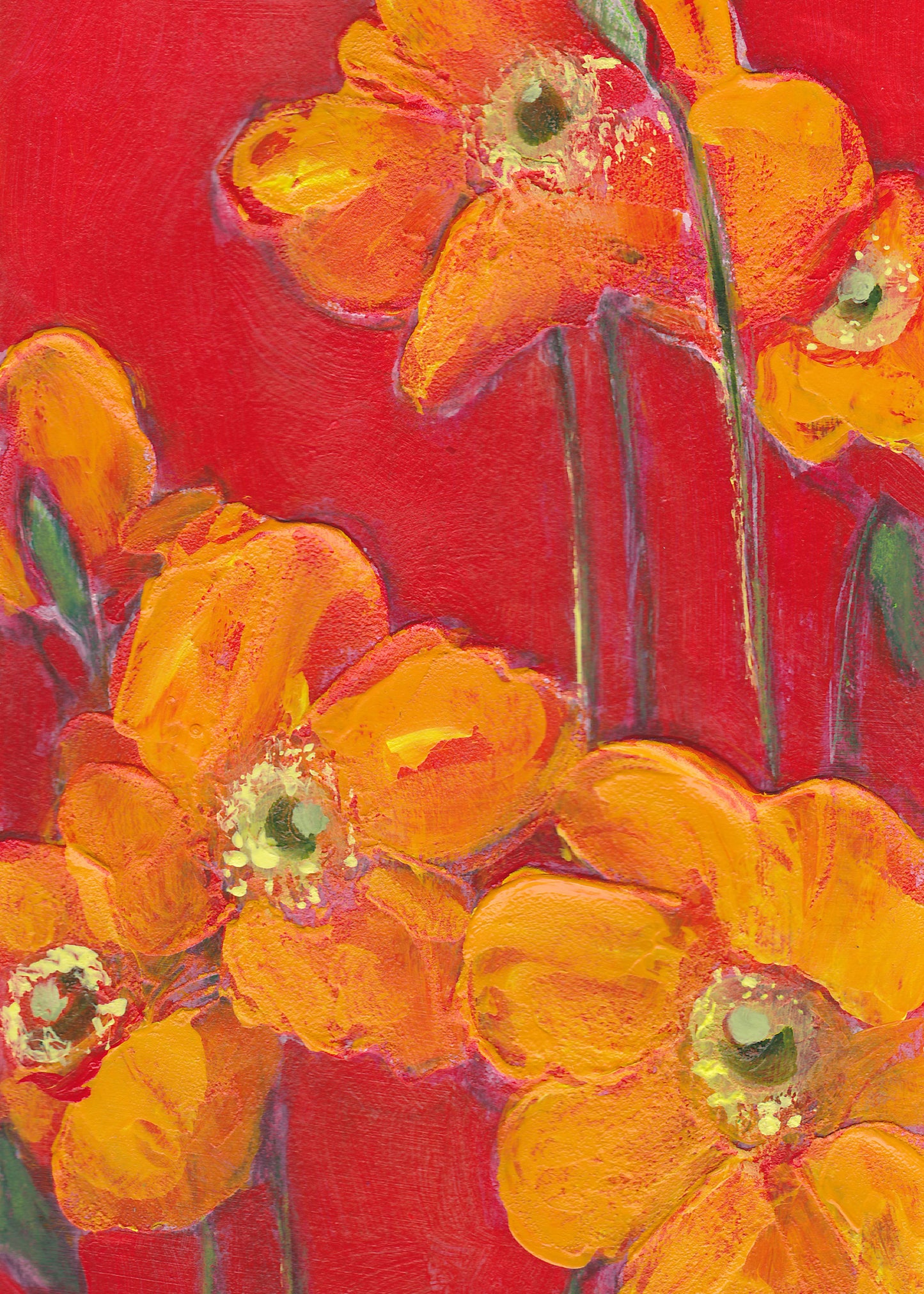 Bright Orange On Red Poppies Acrylic Painting - 5x7 Print