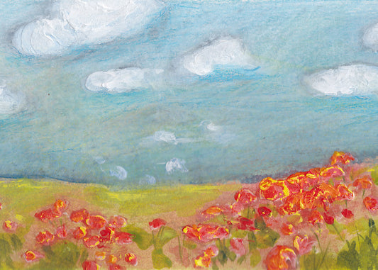 Poppy Field with Clouds Acrylic Painting - 5x7 Print