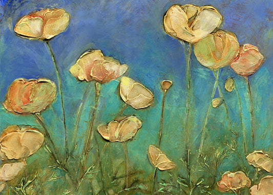Yellow Orange Poppies on Blue Acrylic Painting - 5x7 Print