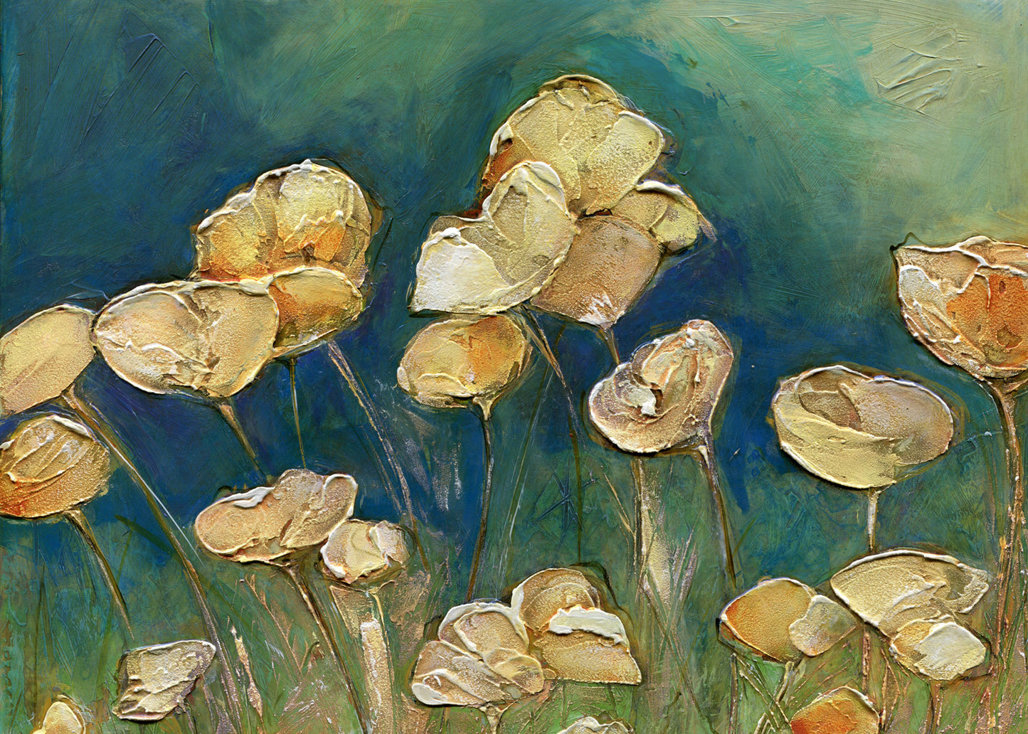 Yellow Poppies on Blue Acrylic Painting - 5x7 Print