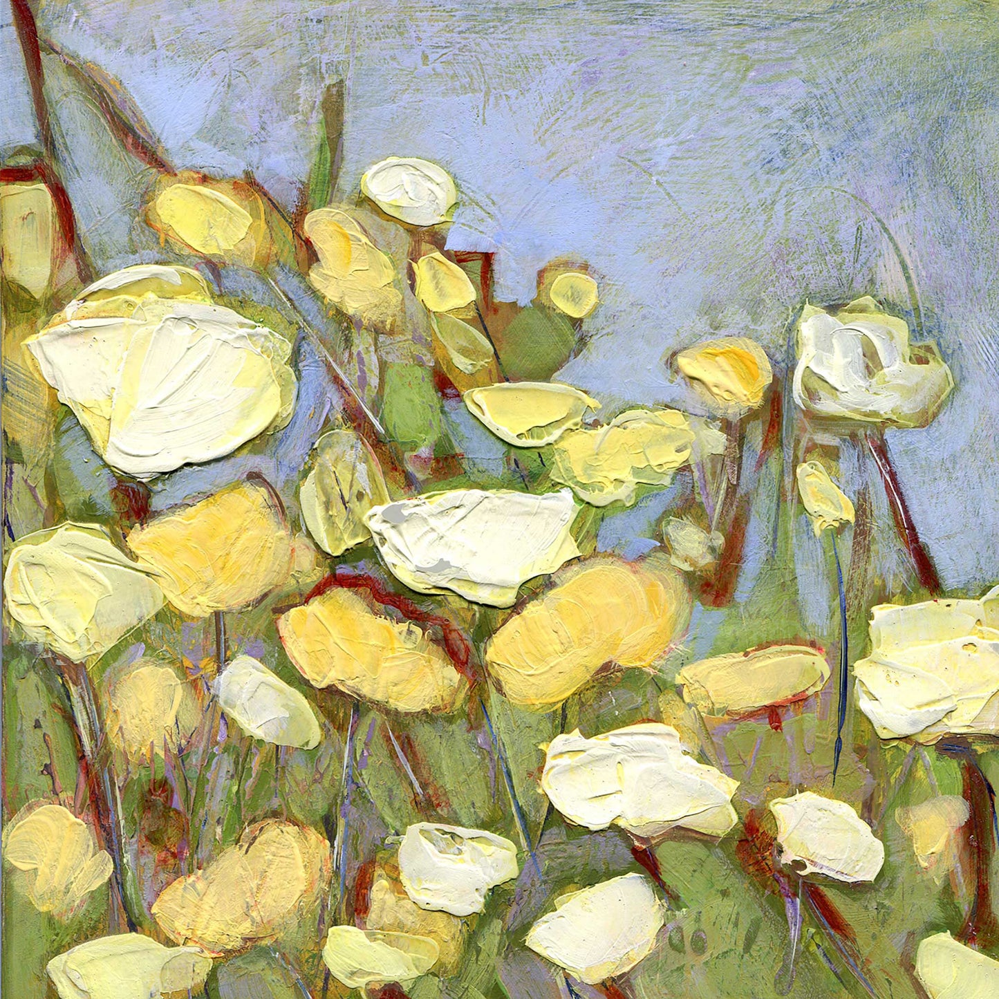 Artistic depiction of yellow and white poppy flowers on a textured background