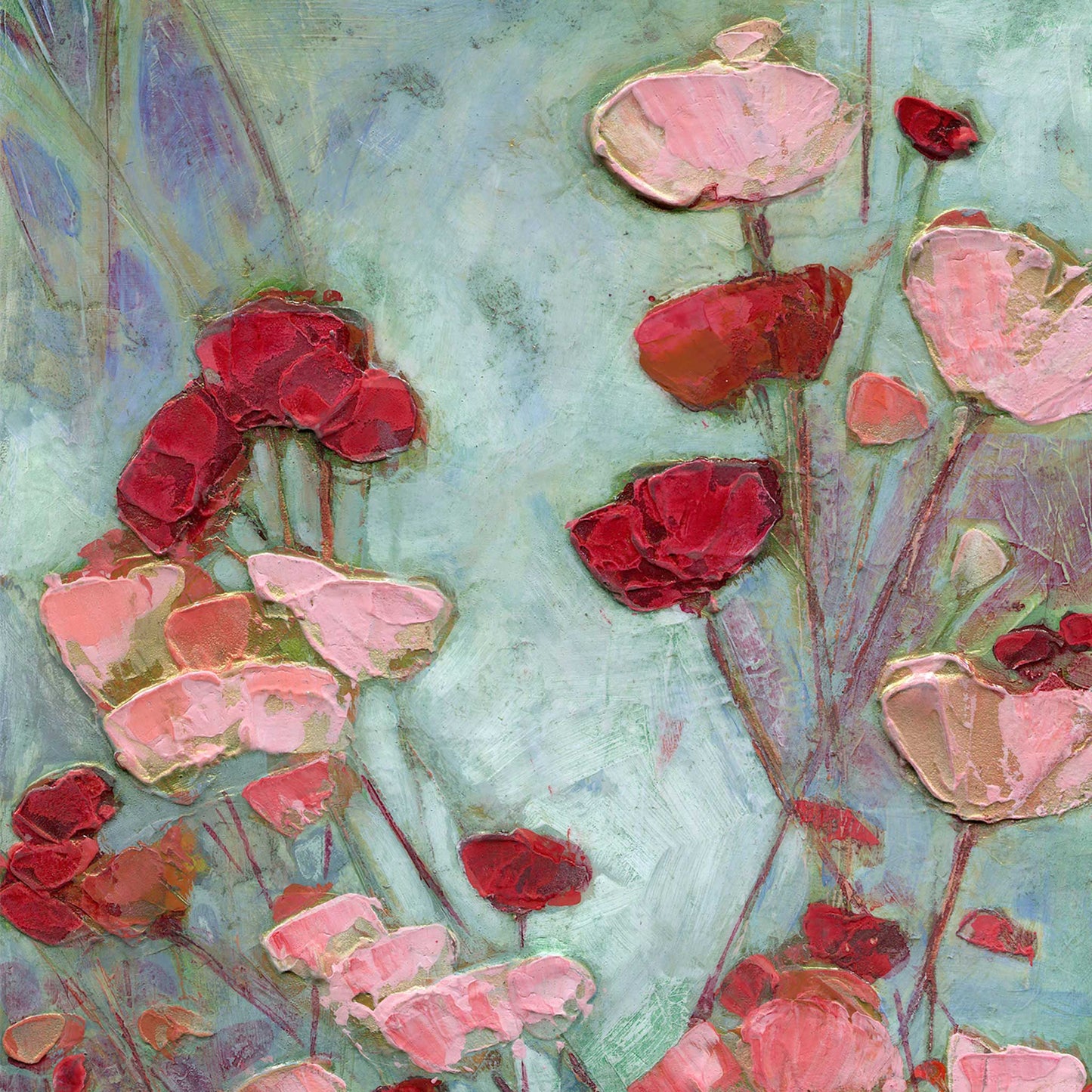 Artistic depiction of red and pink poppy flowers on a textured green background