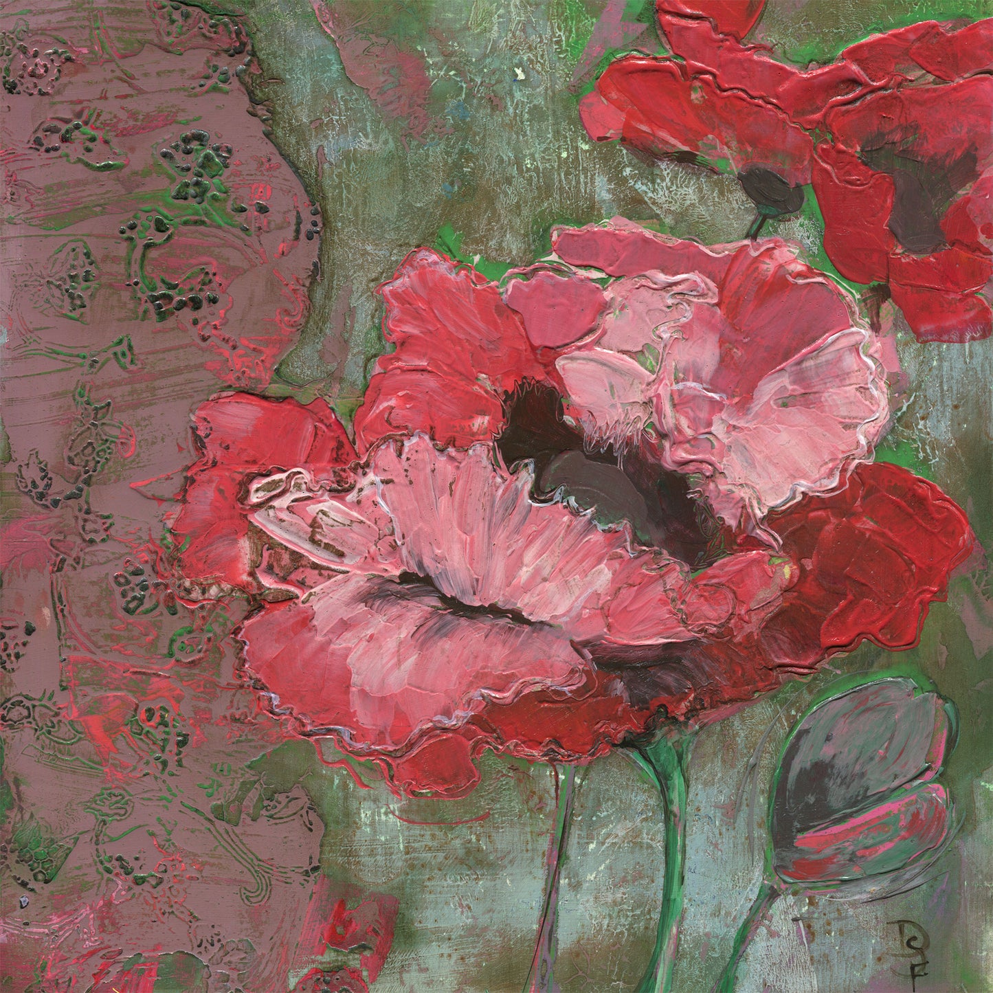 Red Poppies And Lace - Acrylic Painting, 12x12 inch