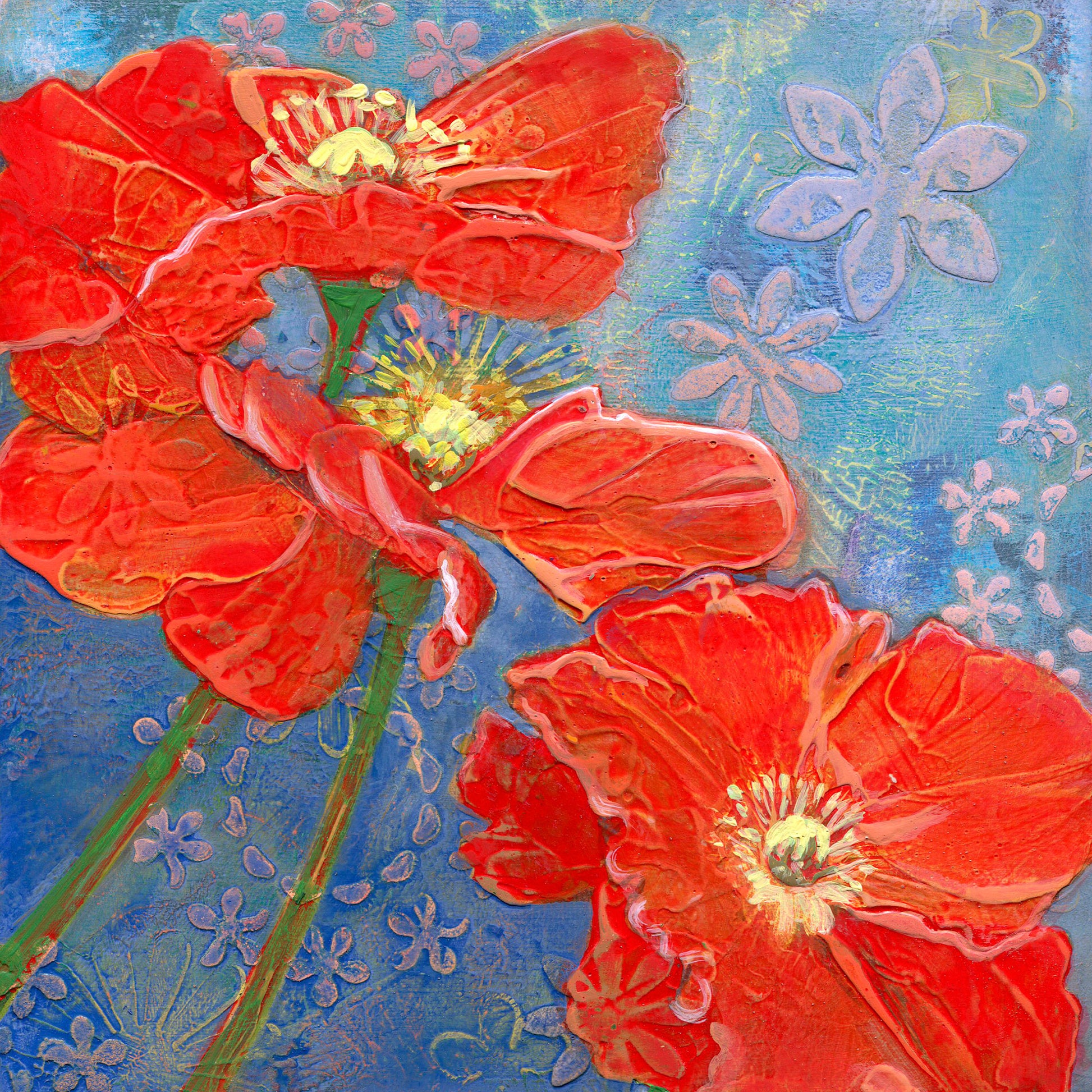 Textured acrylic painting with a pattern of pink flowers on a blue background, featuring large red poppies with bright yellow centers and green stems.