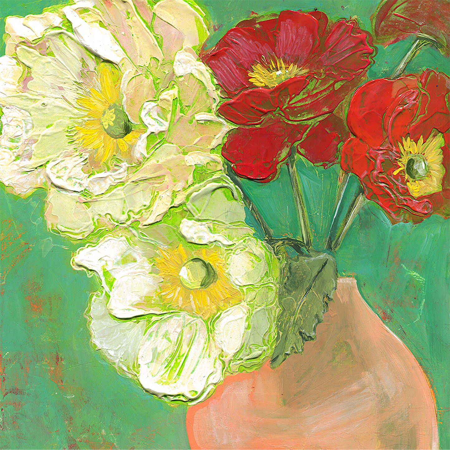 acrylic painting with heavy texture of white poppies with yellow centers and red poppies with yellow centers in a peach colored vase on a light green painterly background