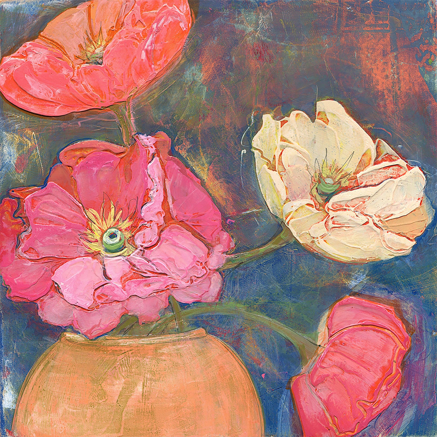 Textured acrylic painting featuring pinkish-orange and cream-colored poppies with yellow centers in a round orange vase. The painted background is blue with hints of pink and orange.