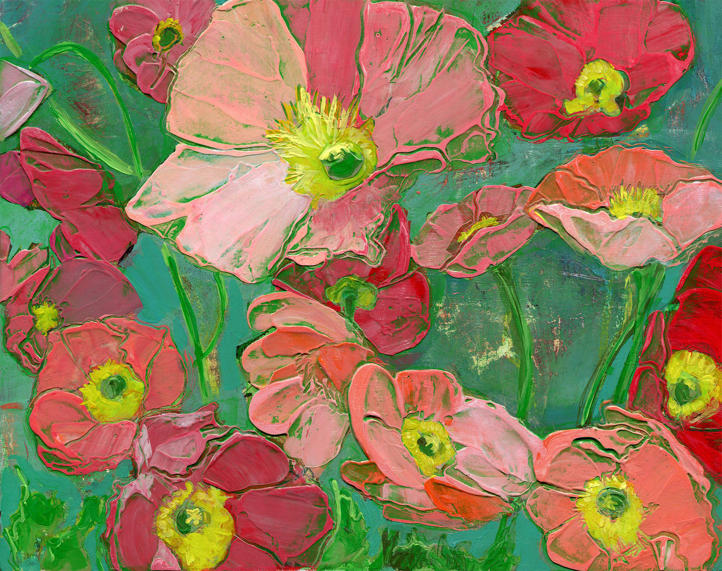 Dancing Poppies On Teal - Original Acrylic Painting