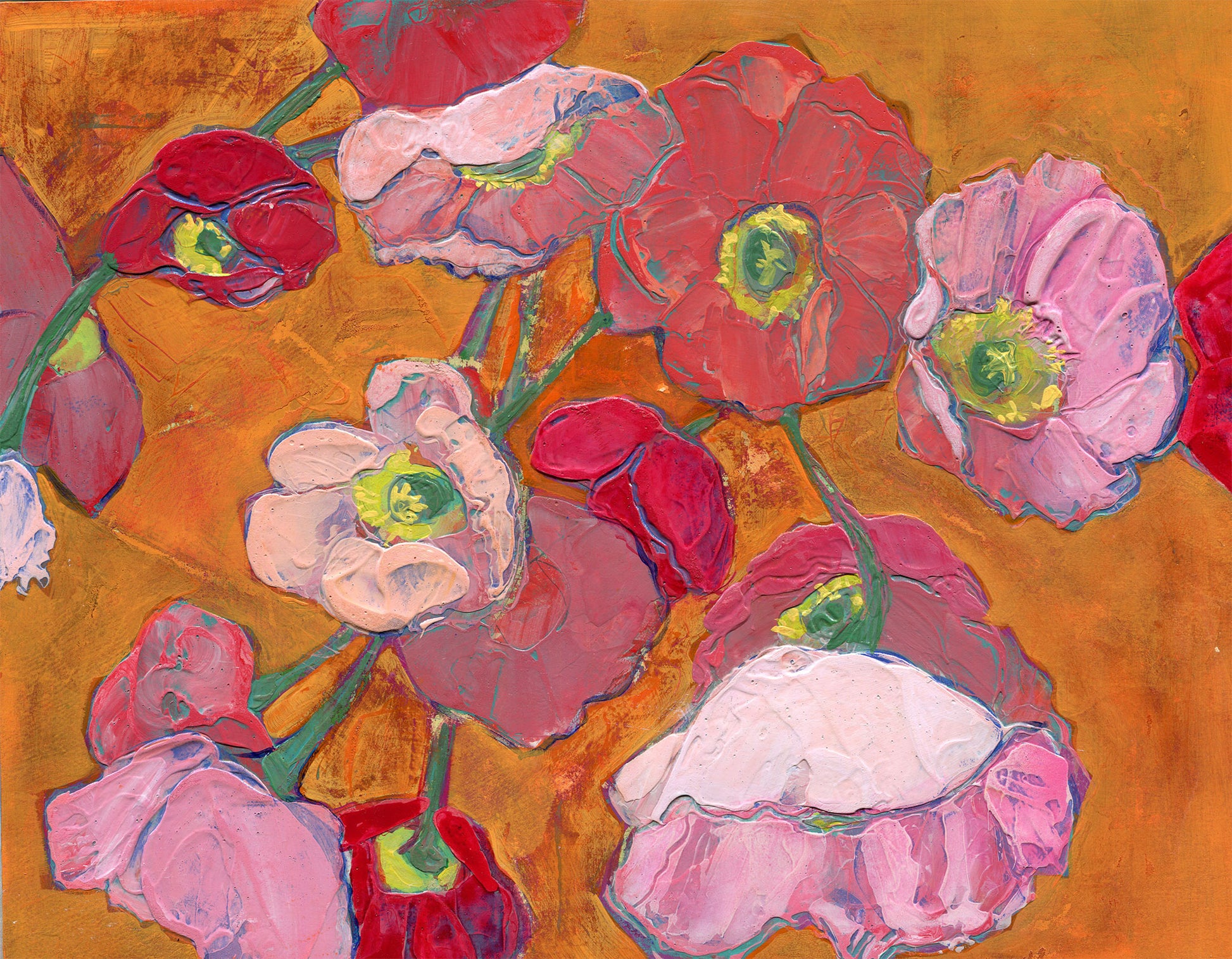 textural acrylic paintings of pink and red poppies on orange background by Denise Souza Finney