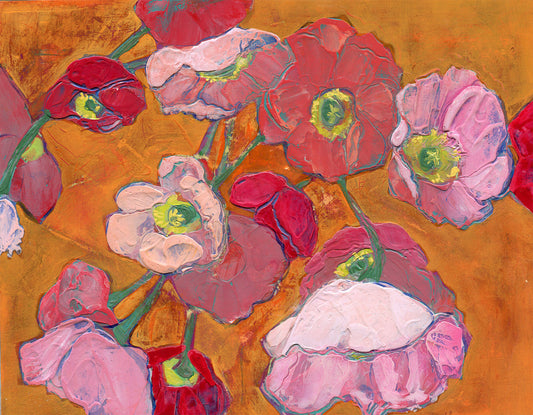textural acrylic paintings of pink and red poppies on orange background by Denise Souza Finney