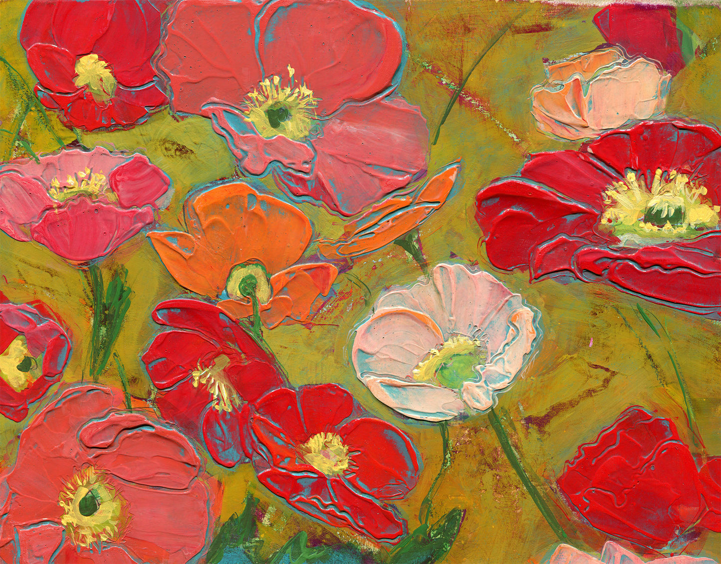 textural acrylic painting of large red, orange and peach poppies on a greenish yellow background.