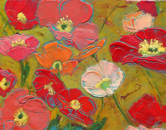 textural acrylic painting of large red, orange and peach poppies on a greenish yellow background.